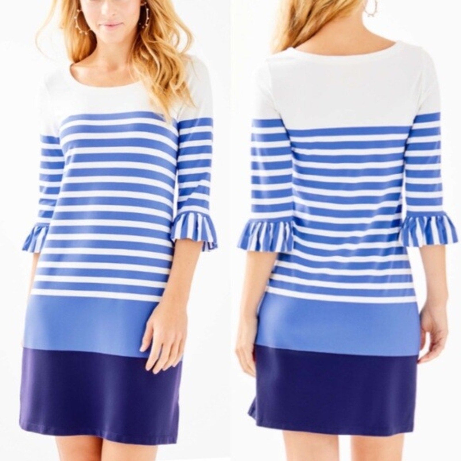 Lilly Pulitzer Sophie Blue Striped Ruffle Bell Sleeve Knit Dress - size XS