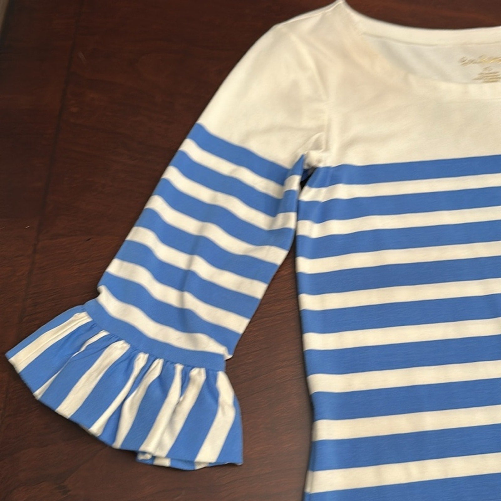 Lilly Pulitzer Sophie Blue Striped Ruffle Bell Sleeve Knit Dress - size XS