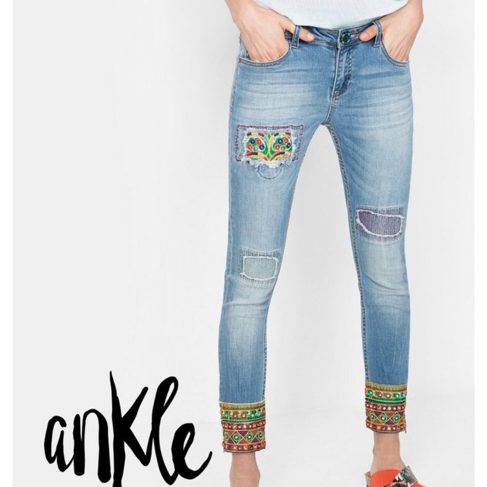 Desigual Blue Ankle Cropped Jeans with Distressed Patches - size 34