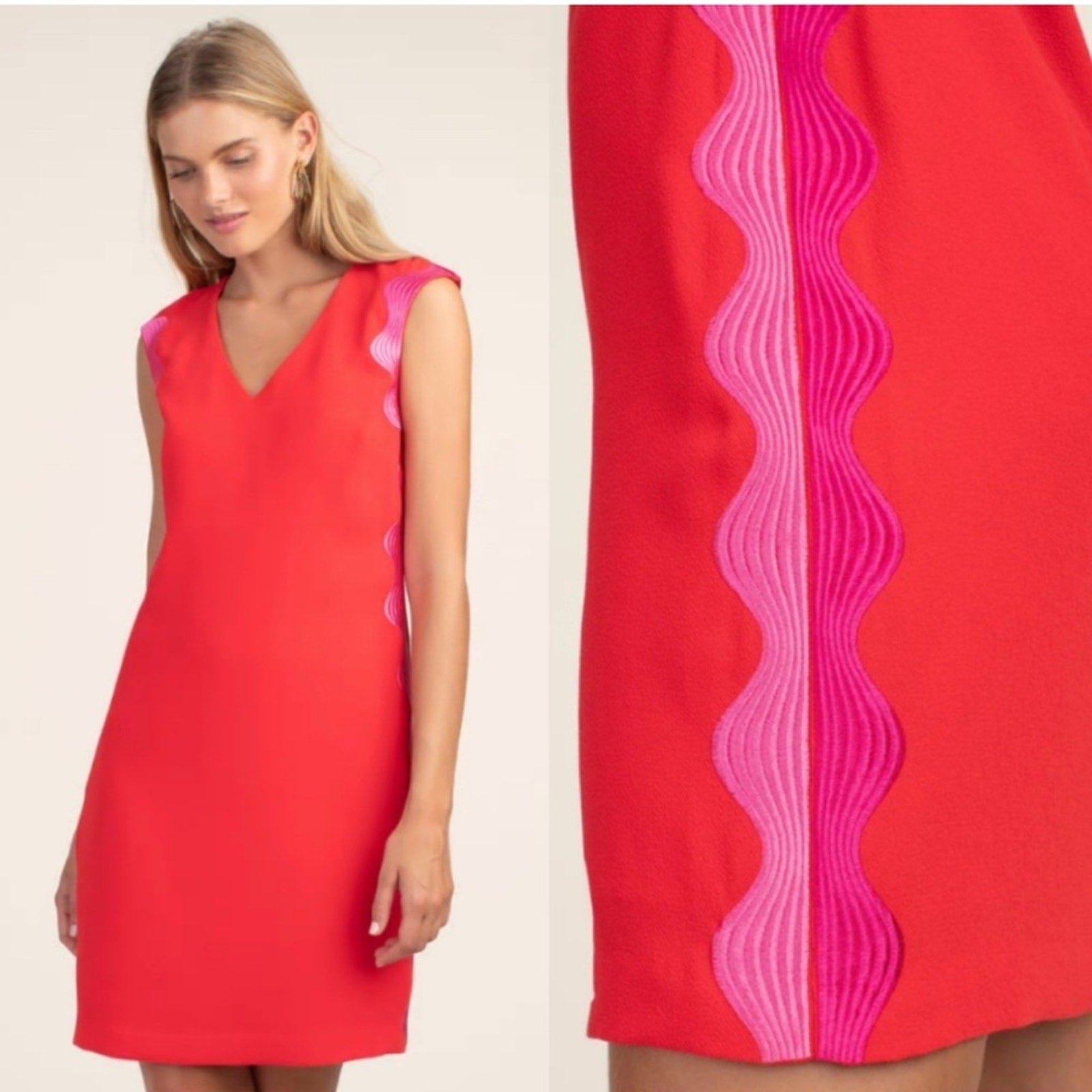 Trina Turk Sheath Dress Women Size 8 Red Polyester Sleeveless V Neck Back Zipper