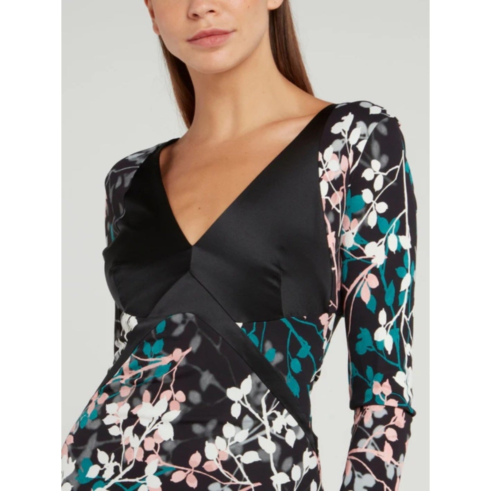 ROBERTO CAVALLI  BLACK LEAF PRINT V-NECK DRESS  - XS