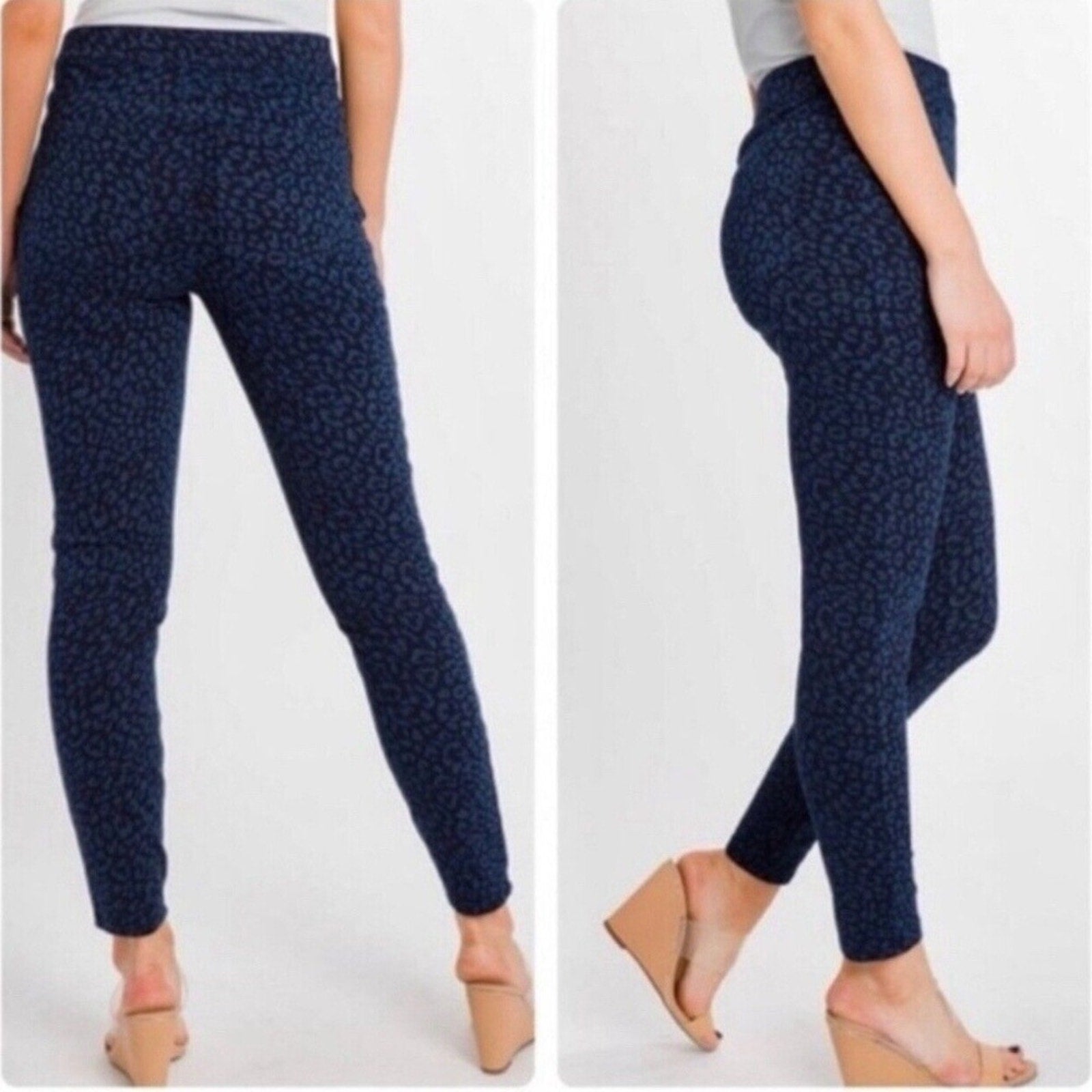 Spanx blue Leopard Print Jean-ish Ankle Leggings High Rise Shaping - size large