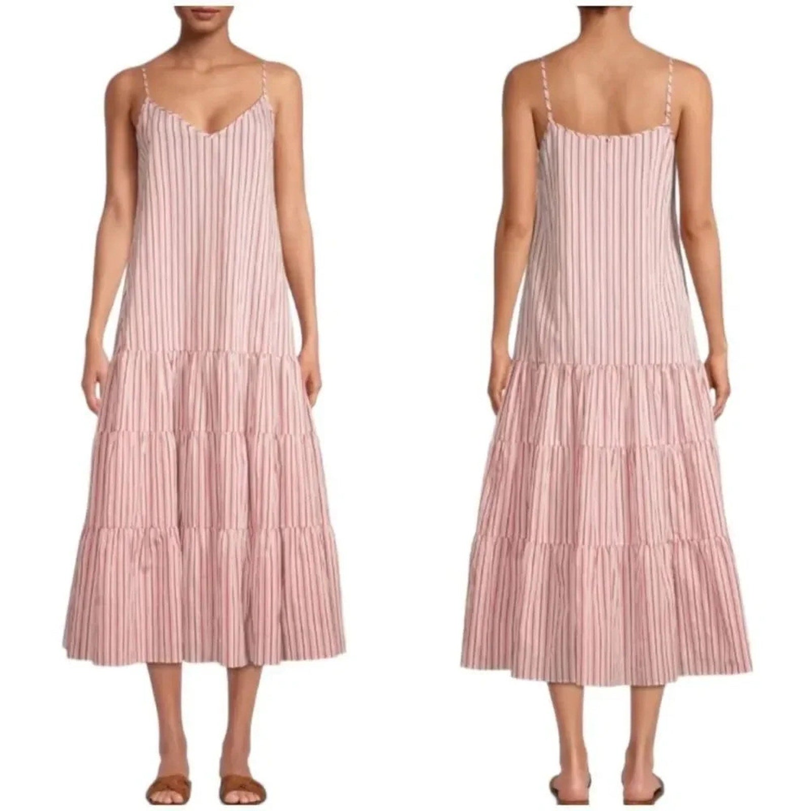 NEW Boss Hugo Datecara Midi Dress Size 4 Sleeveless Tiered Striped Pink - size 4