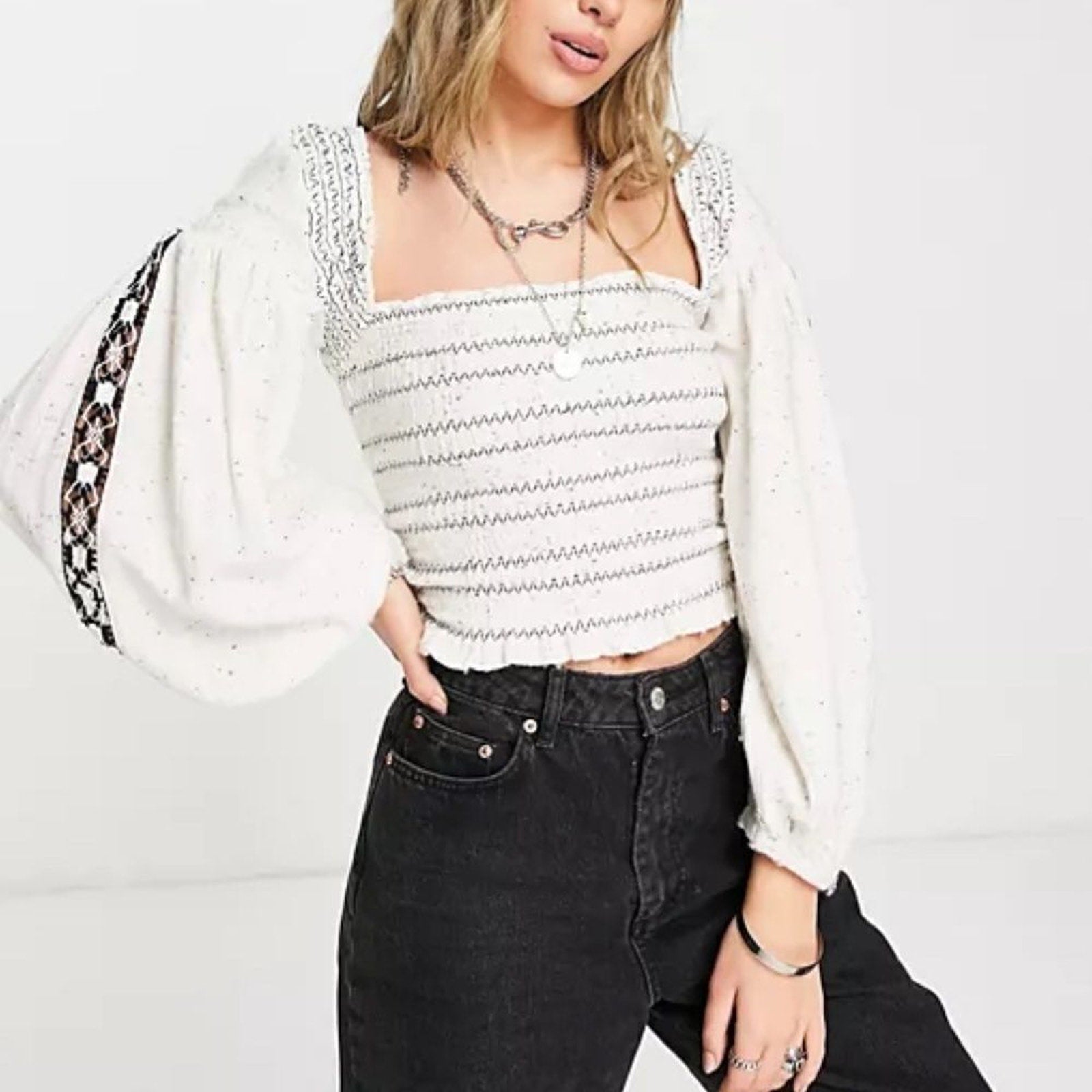 NWOT Free People Maggie Embroidered Top Crochet Long Sleeve Smocked Blouse - S