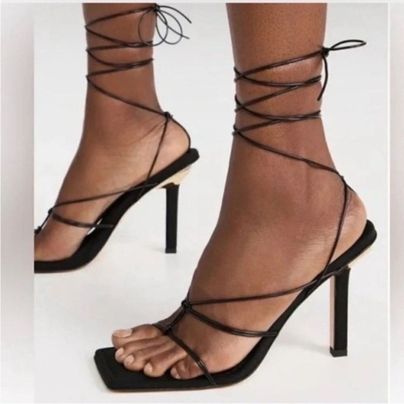 NEW Good American Cage Slanted Sandals Neoprene Black Lace Up Heel SIZE 6.5