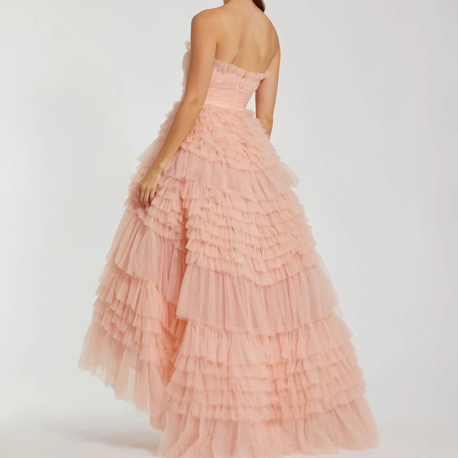 MAC DUGGAL Pink Strapless Tulle Ruffle Gown - size 6