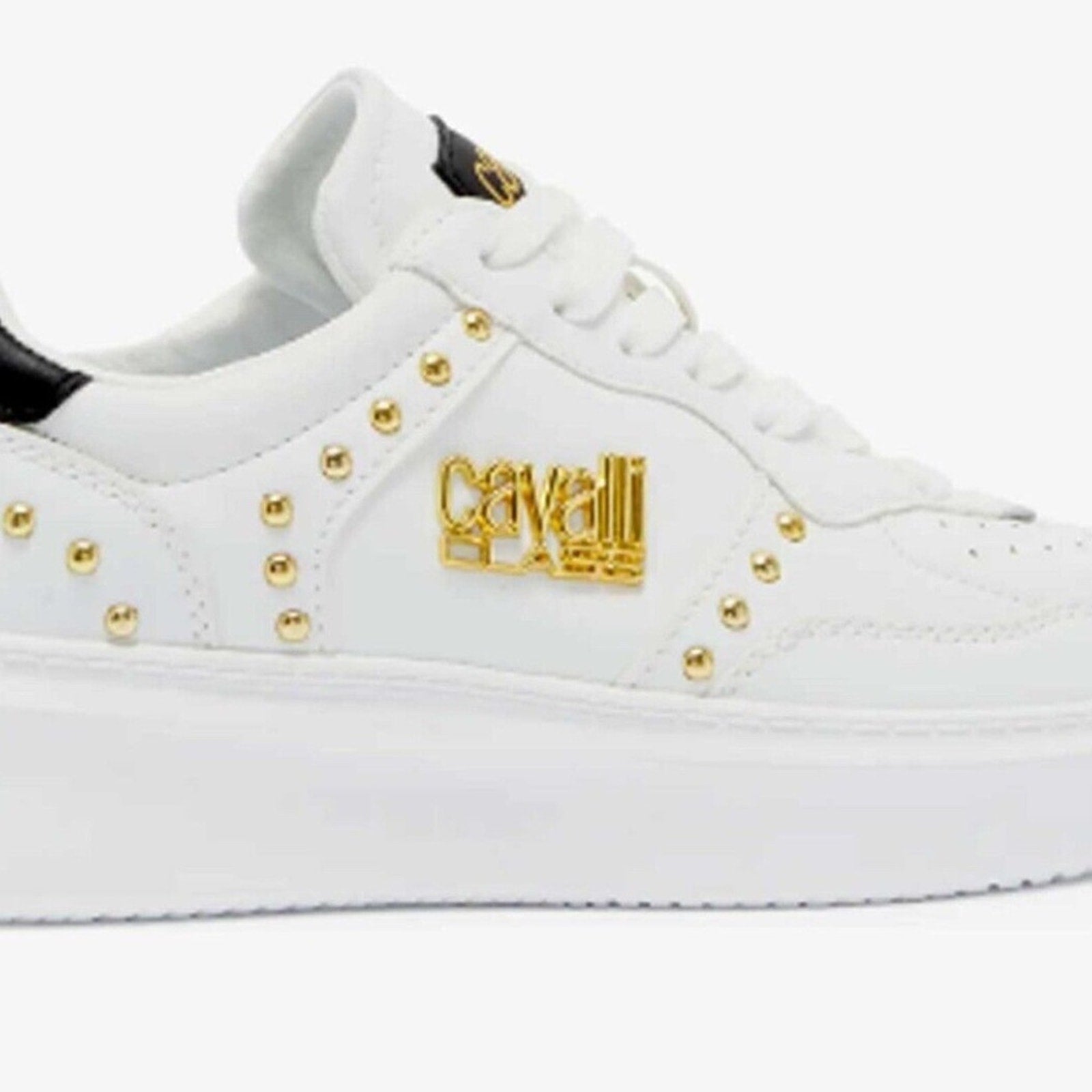 NEW Roberto Cavalli Studded Sneakers White Leather Tennis Athletic Shoes - sz 39