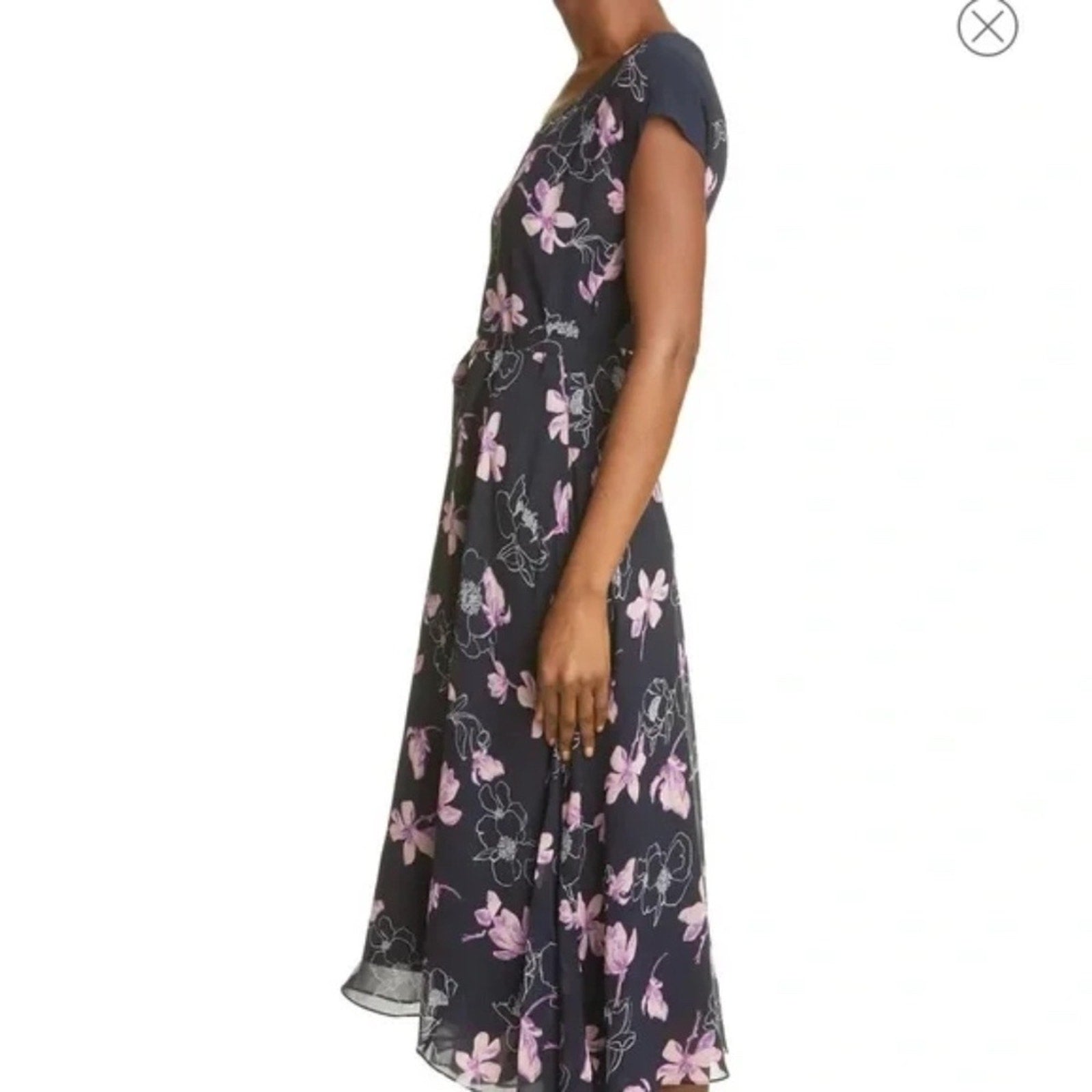 Club Monaco Navy Blue and Pink Floral Print Silk Midi Dress - size 12