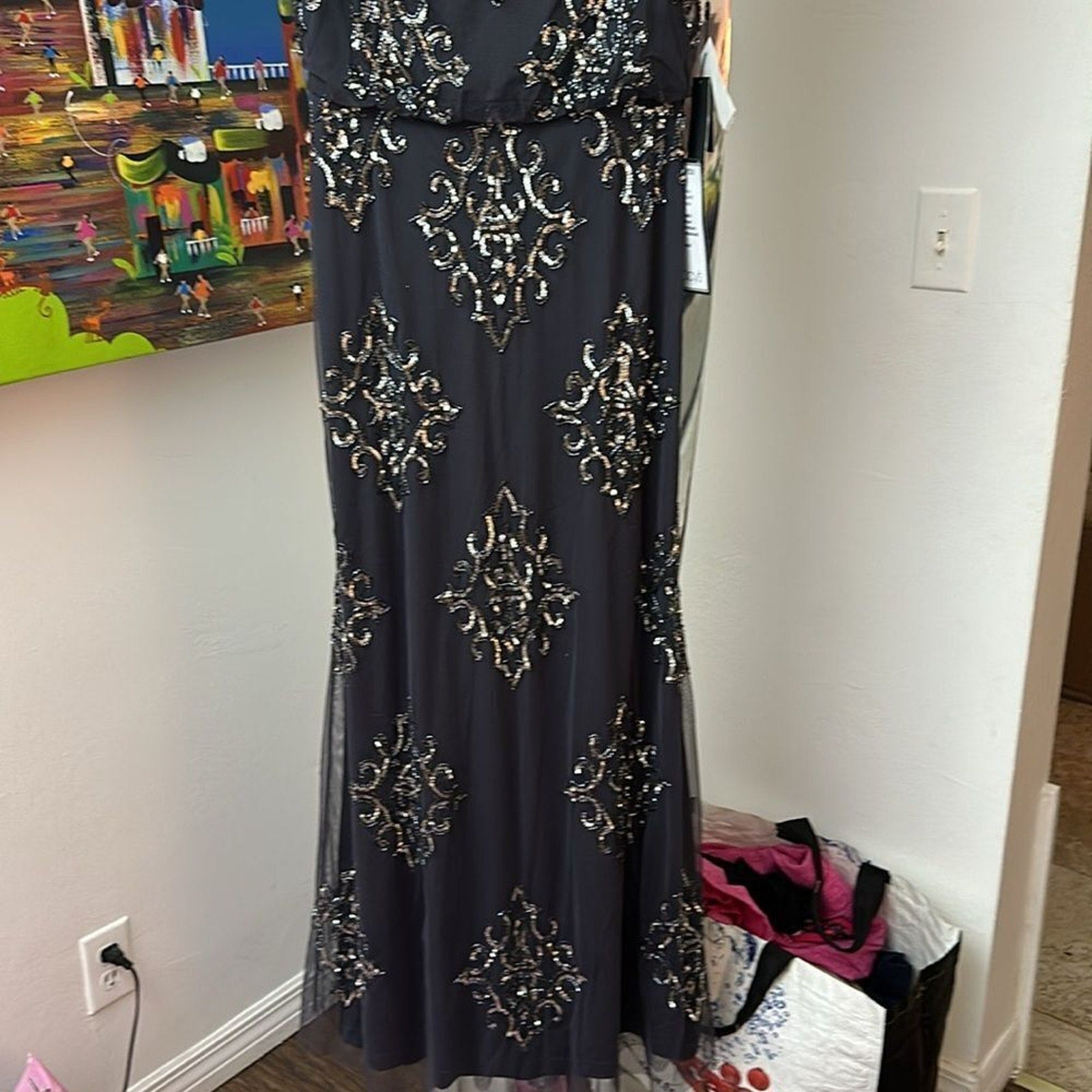 NWT Adrianna Papell HAND-BEADED LONG BLOUSON GOWN IN GUNMETAL - size 4