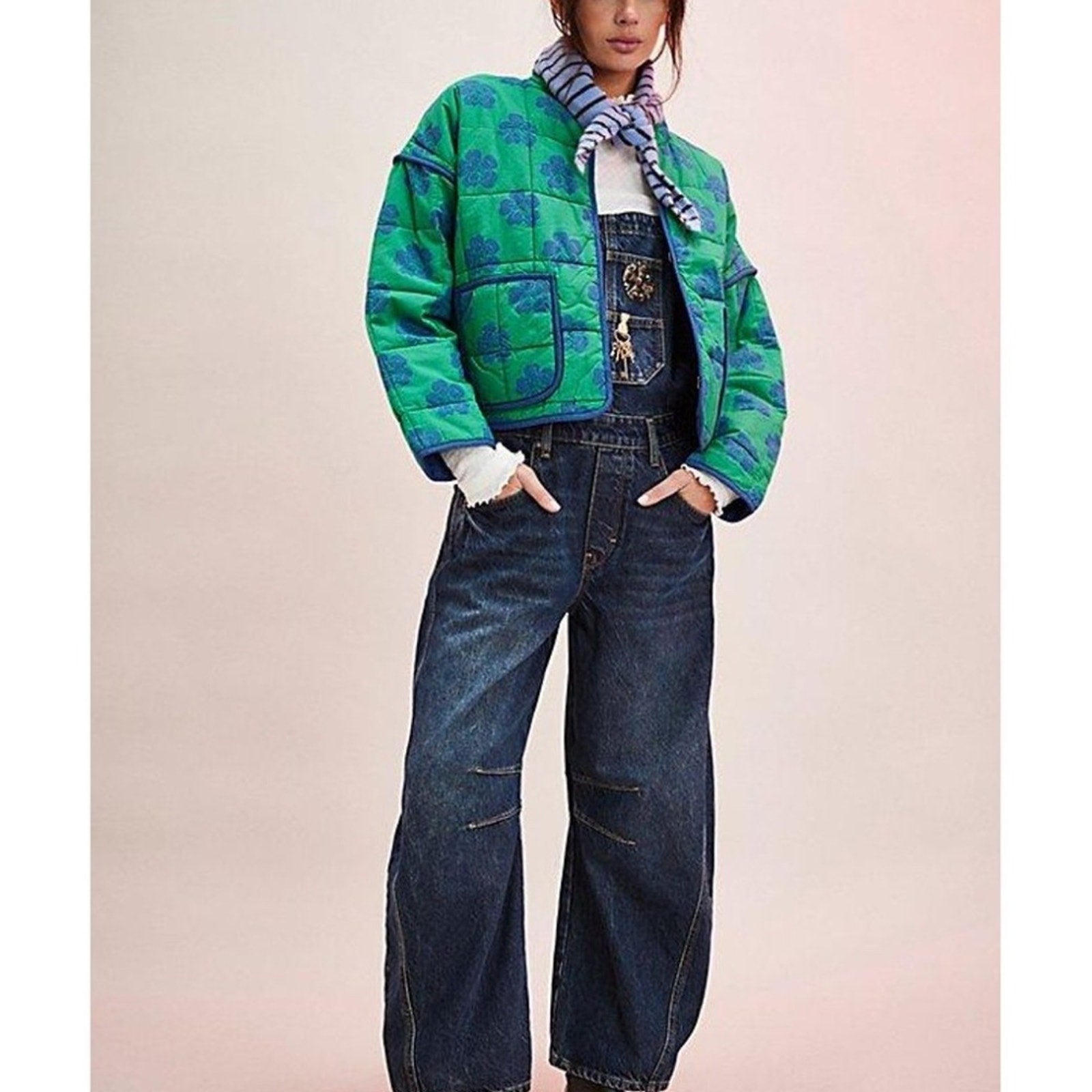 NEW Free People Women's Green Chloe Floral-Print Quilted Cotton Jacket - size XS