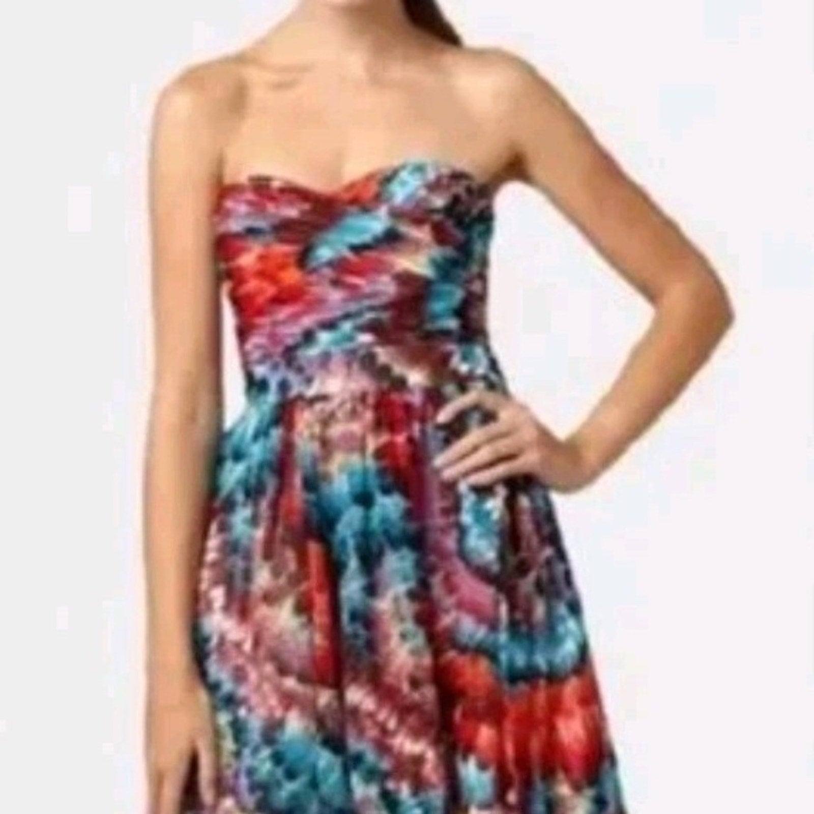 Aidan Mattox Feather Print High Low Strapless Dress Multicolor - size 8