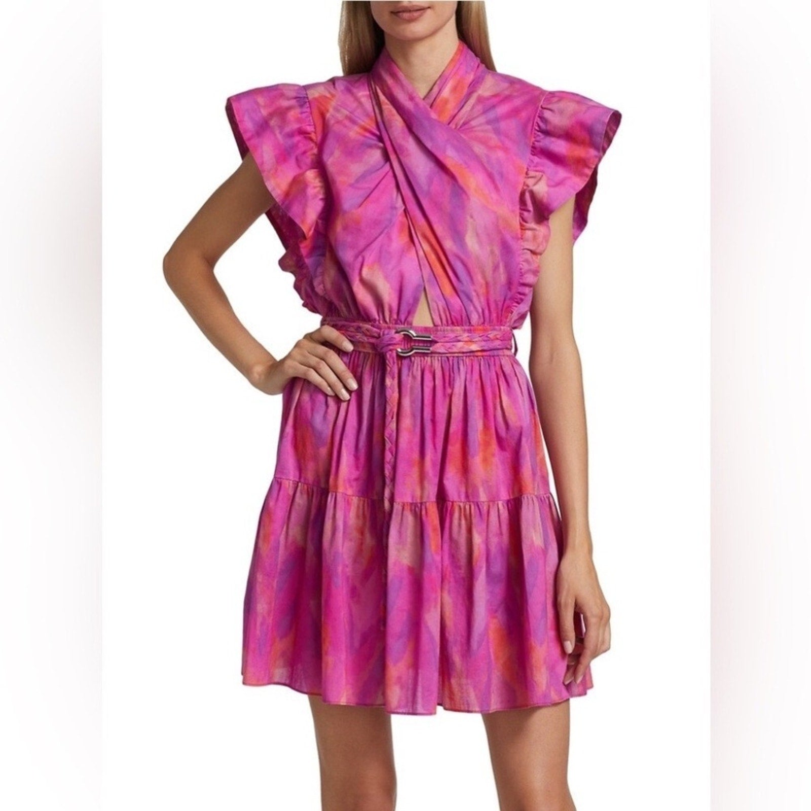 NWT Derek Lam 10 Crosby Finn Ruffle Wrap Dress, Fuchsia Multi - size 2