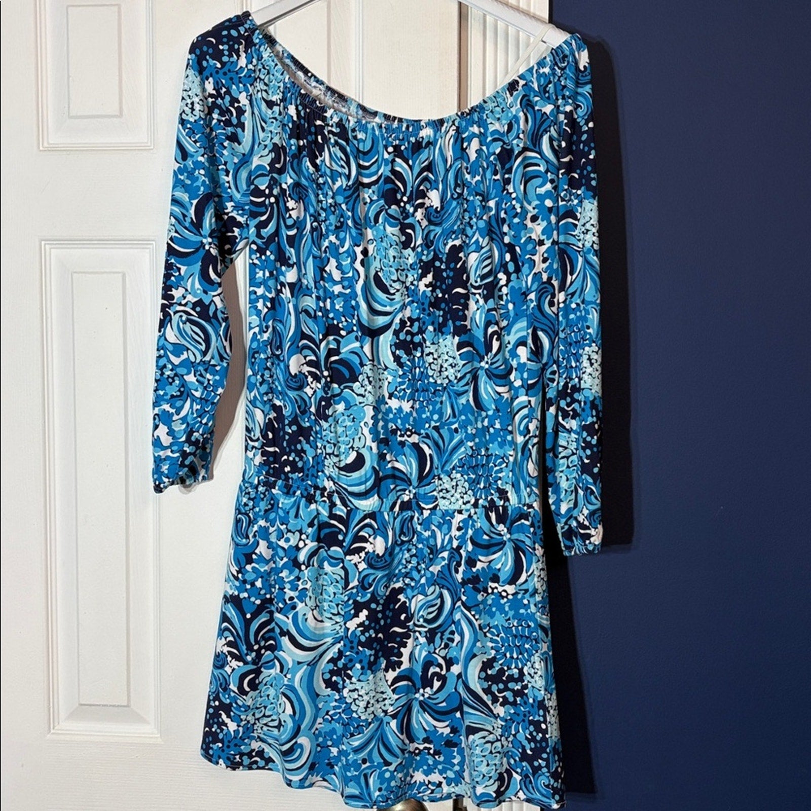 Lilly Pulitzer Lana Skort Romper Dress Mermazing Blue Off the Shoulder - size S