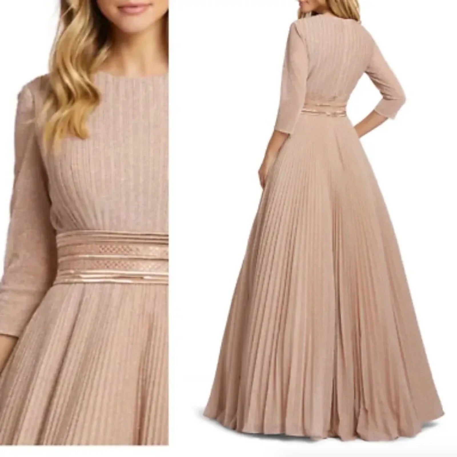 NWT Mac Duggal Shimmering Pleated A-line 3/4 Sleeve Gown In Rose/gold - size 6