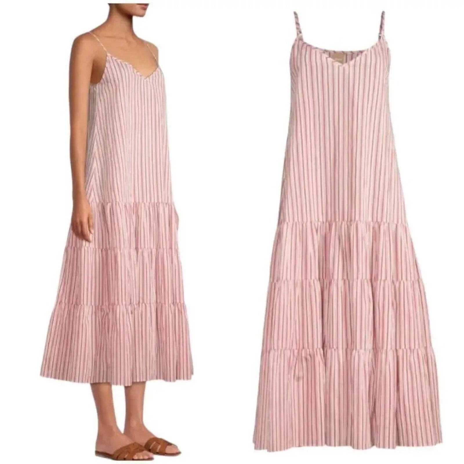 NEW Boss Hugo Datecara Midi Dress Size 4 Sleeveless Tiered Striped Pink - size 4