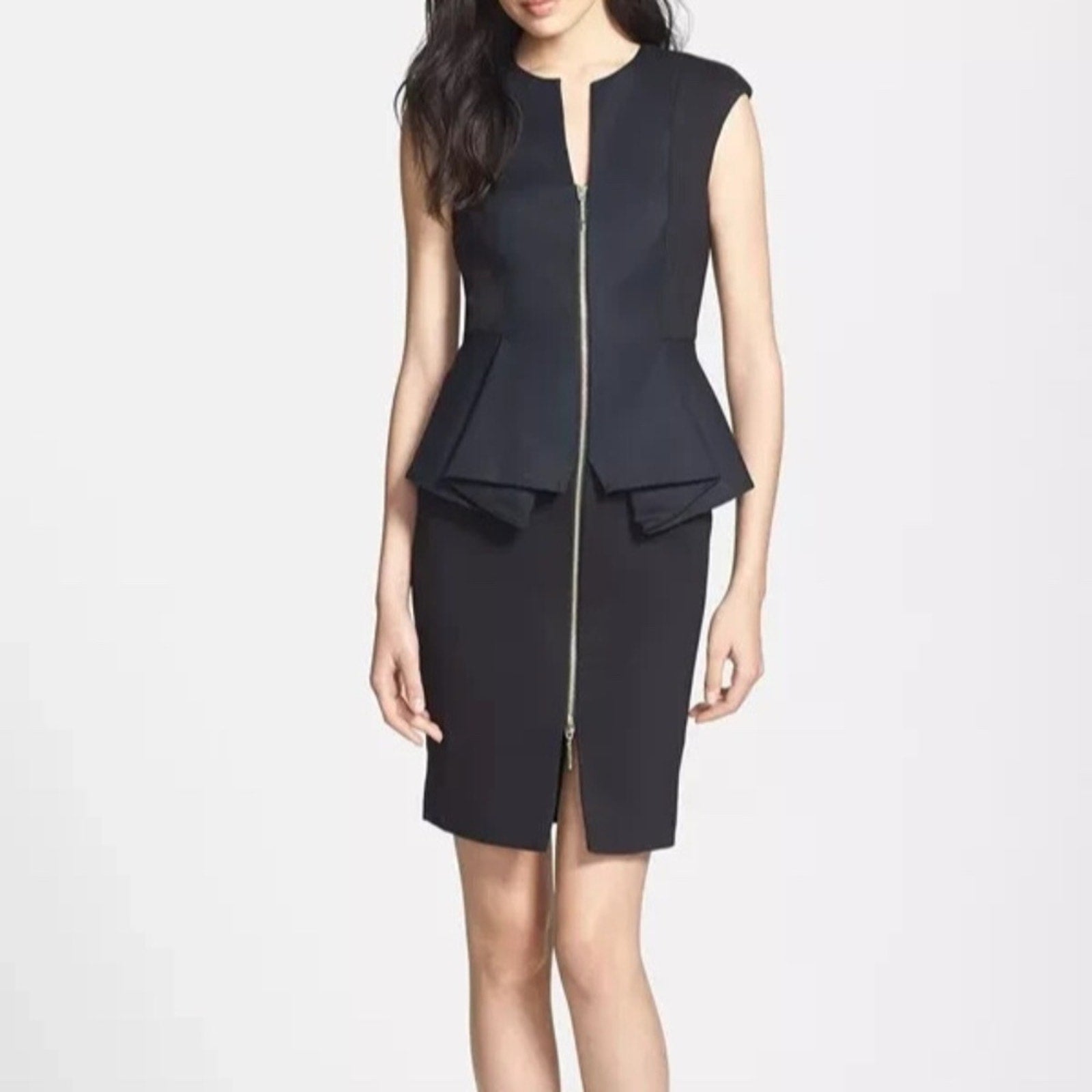 Ted Baker London Peplum Dress Cap Sleeve Sheath Front Zip Jumana Black - size 6