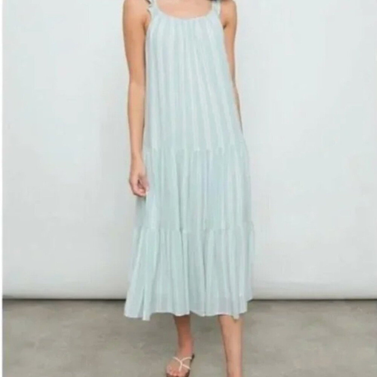 Rails Dress Capri Linen Small Green White Striped Tiered Sleeveless - S