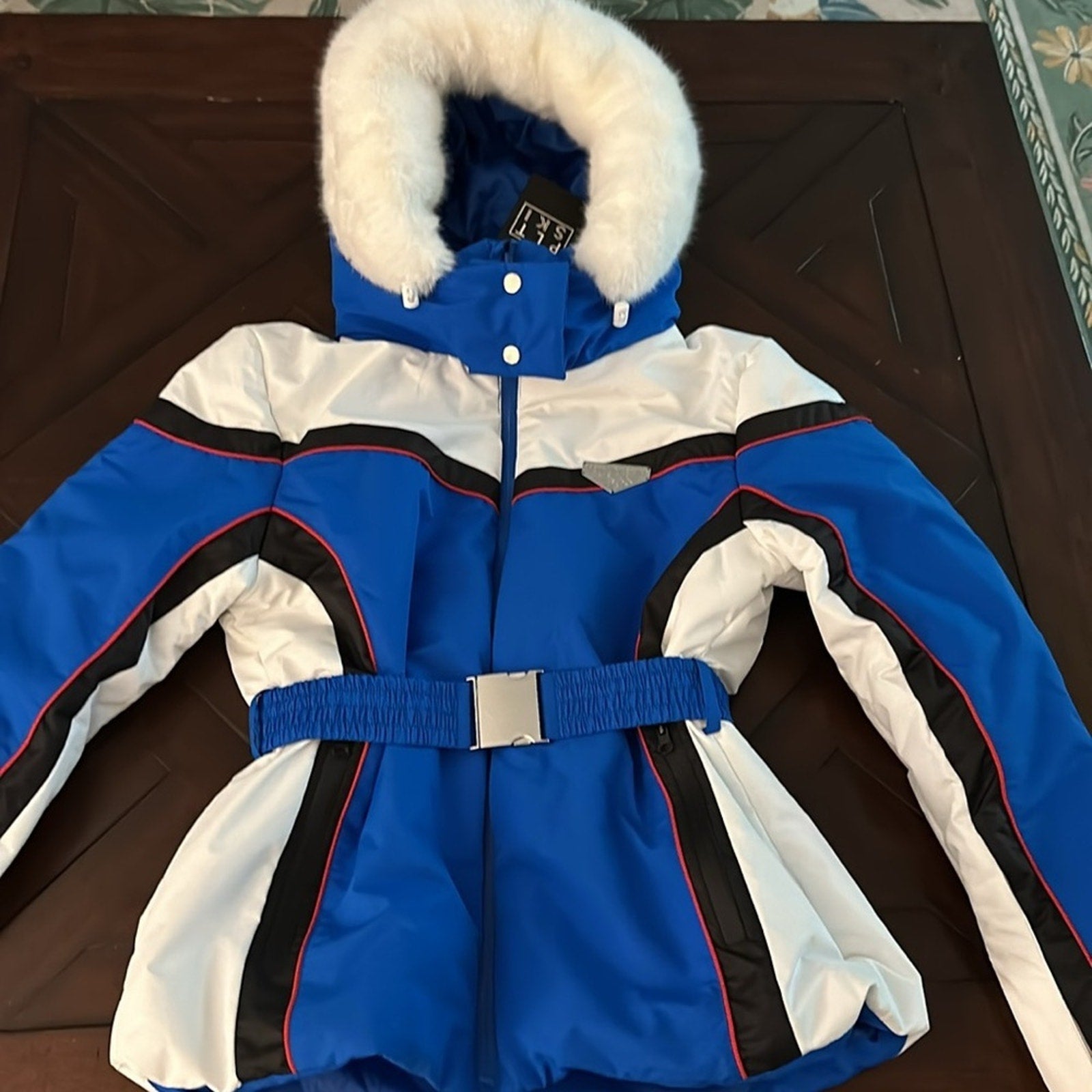 PRETTYLITTLETHING SKI Blue And White Faux Fur Hooded Belted Jacket - size 6