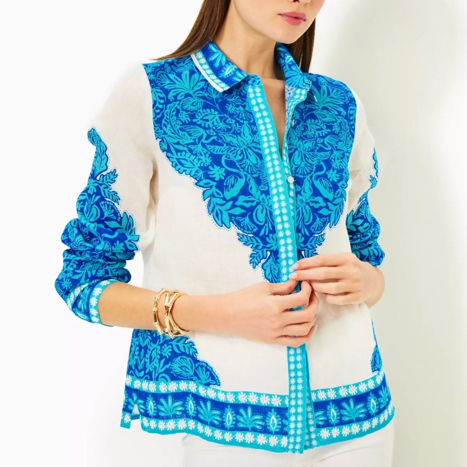 NEW Lilly Pulitzer Kiran Button Down Top Breezy Aqua Jungle Escape Engineer