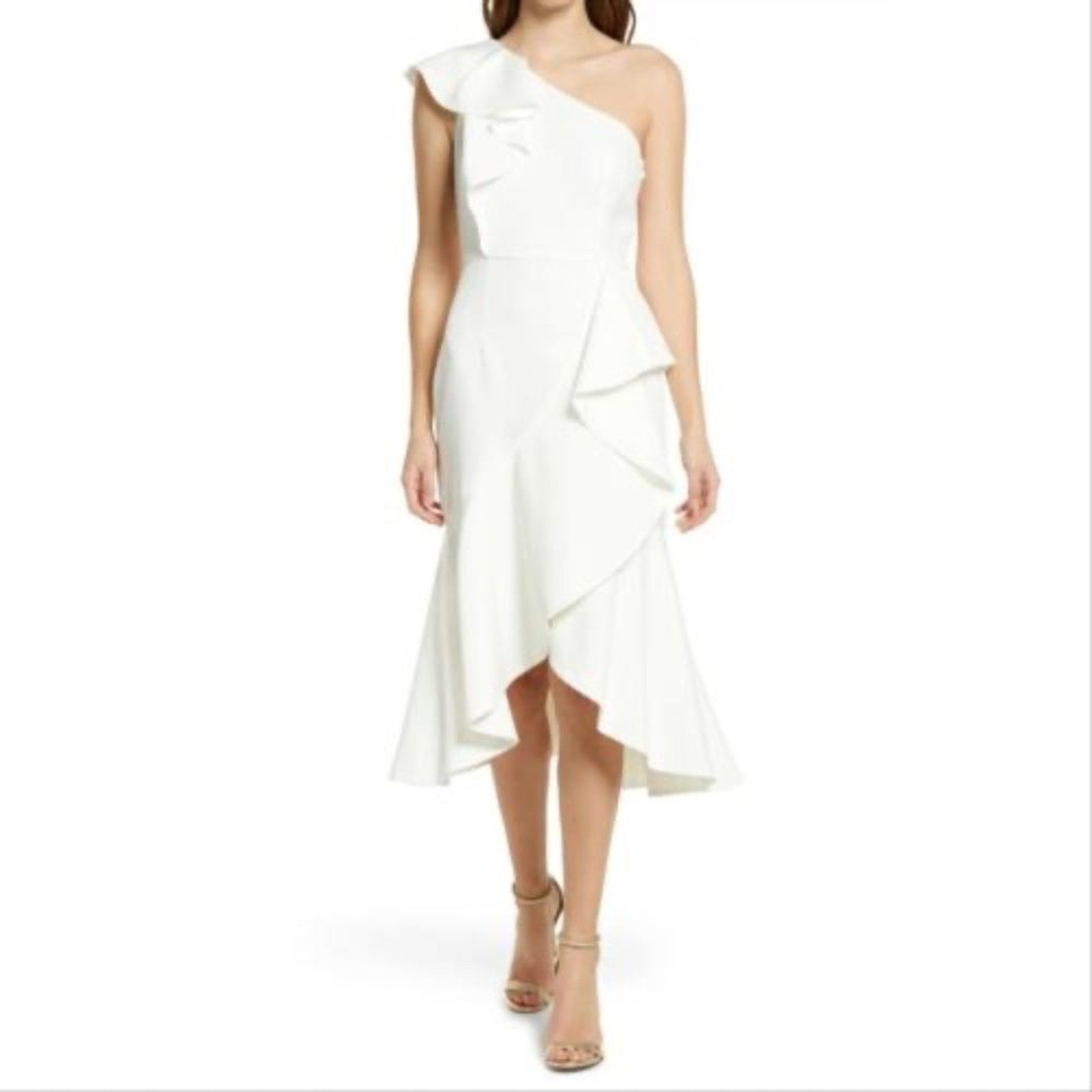 NWOT Vince Camuto One Shoulder Ruffle High Low Cocktail Dress, Ivory - size 14