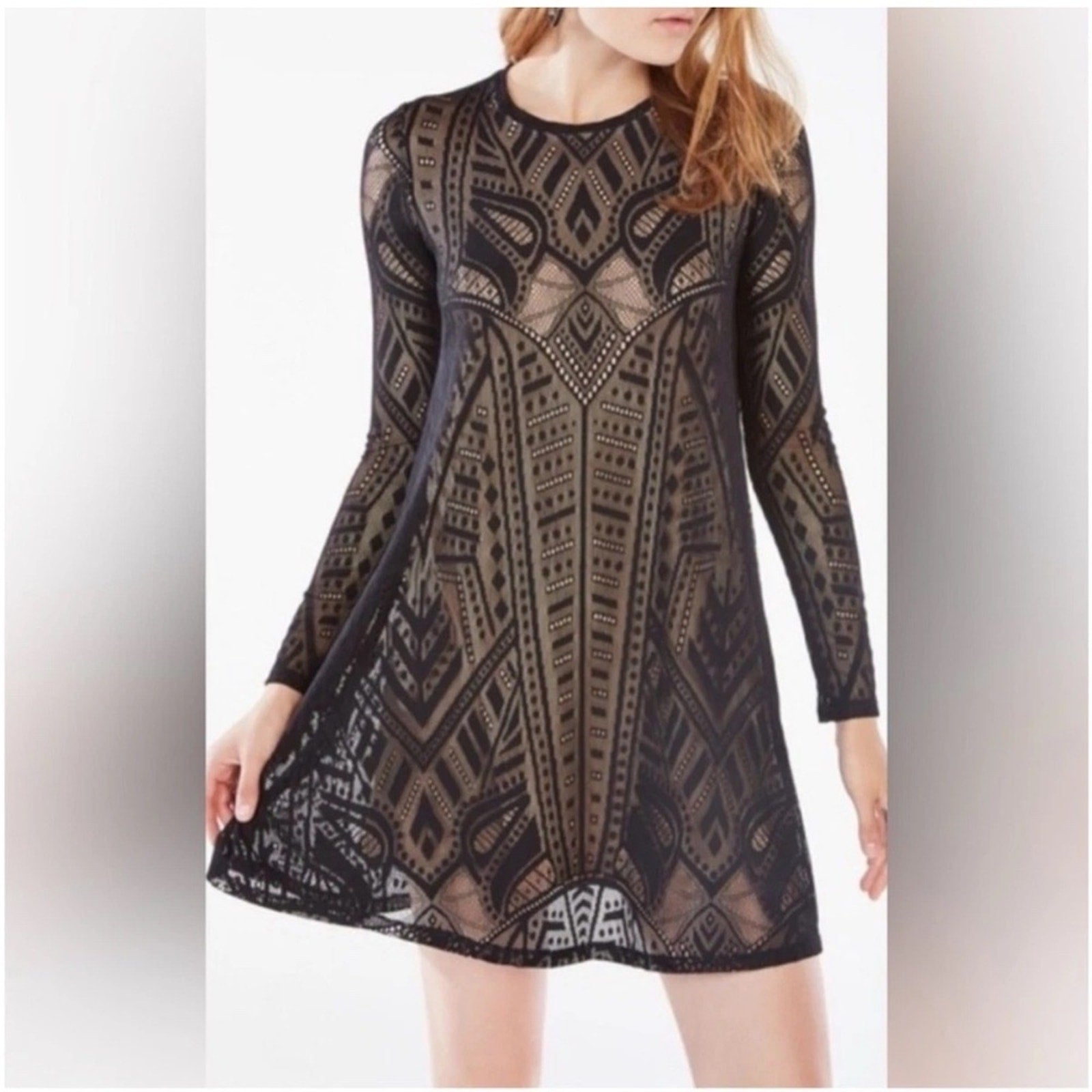 BCBGMaxazria Natyly Black Nude Lace Long Sleeve Mini Dress - size M