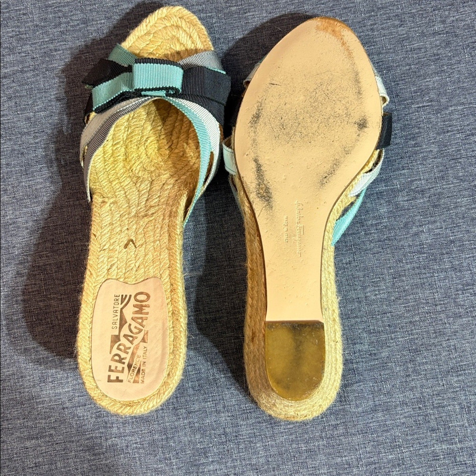 SALVATORE FERRAGAMO Blue Ribbon Espadrille Wedge Sandals 8.5 B
