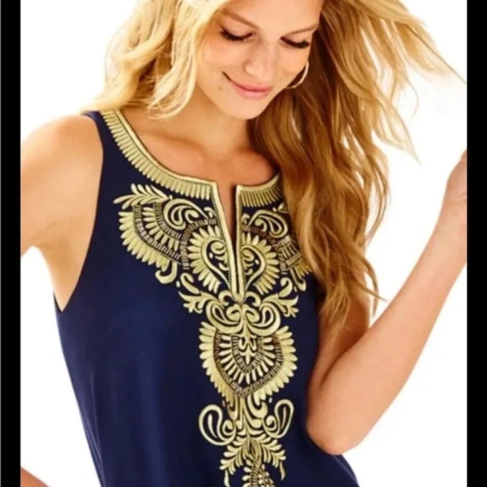 Lilly Pulitzer Aubra Embroidered Dress In Navy /Gold Sz XS