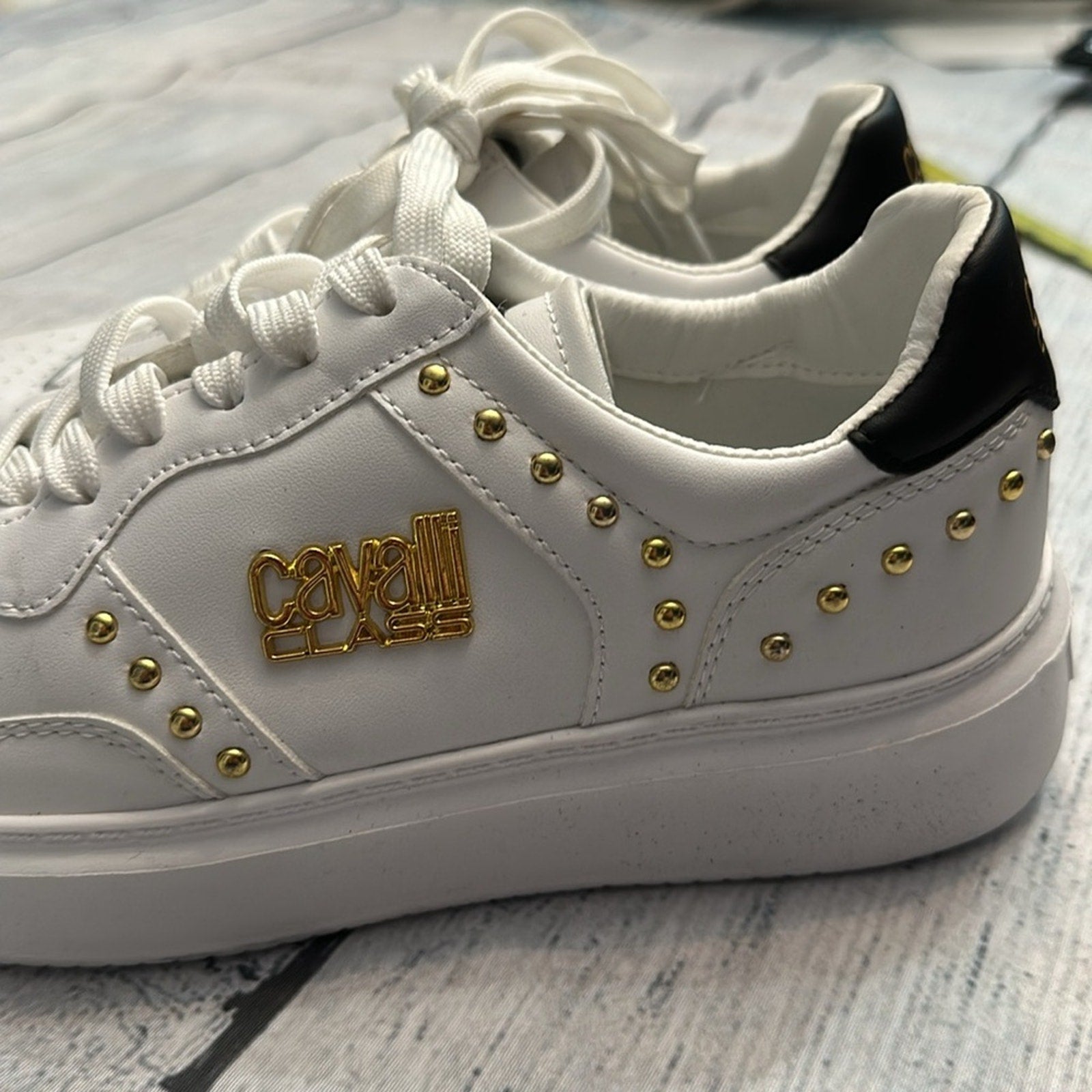 NEW Roberto Cavalli Studded Sneakers White Leather Tennis Athletic Shoes - sz 39