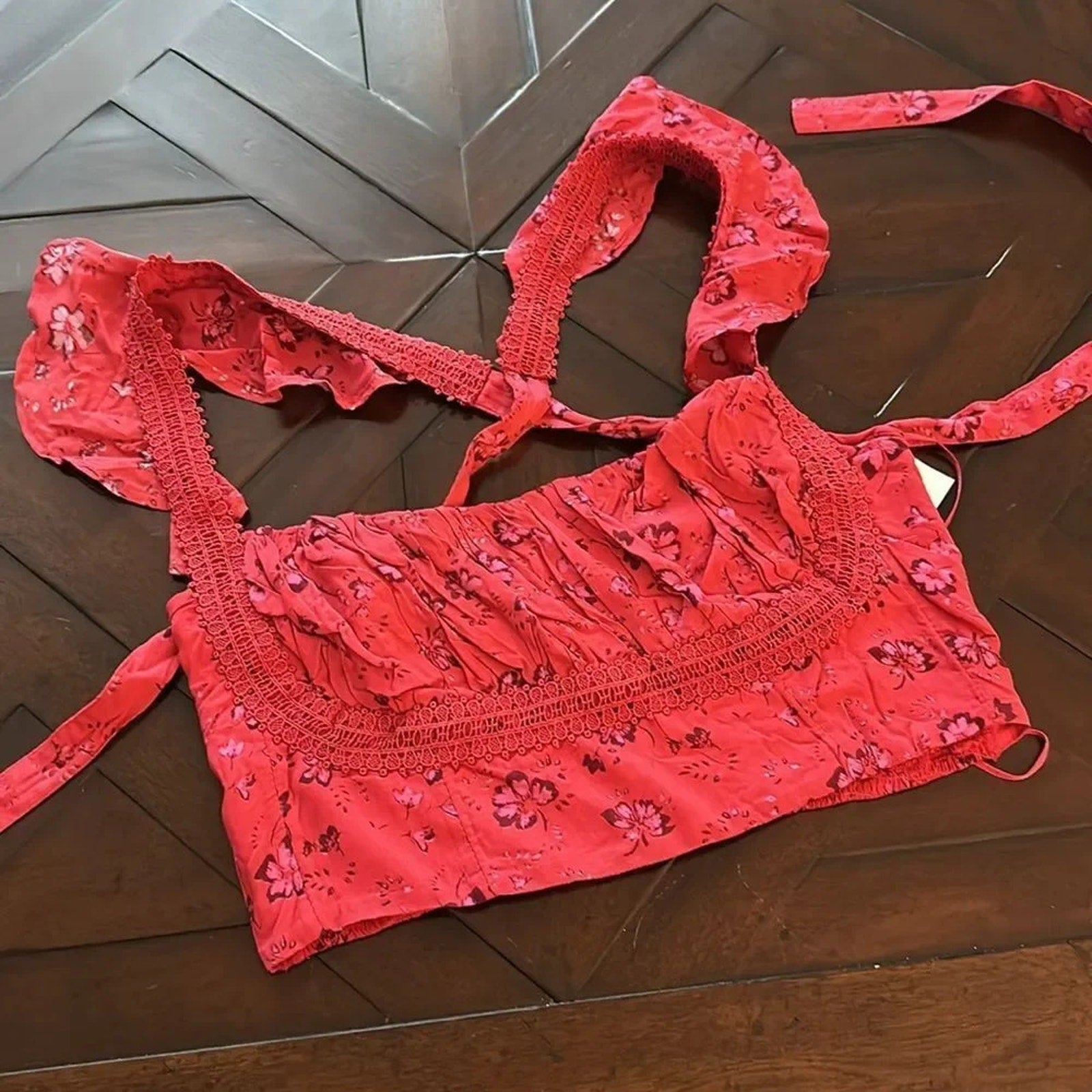 NEW Free People Bijou Crop Top in Cherry Combo Red Smocked - size 10