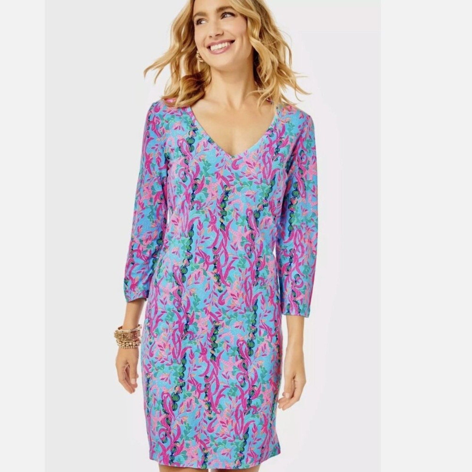 Lilly Pulitzer Tessa Multi Seaweed Samba Pima Knit V-Neck Shirt Dress  - XS
