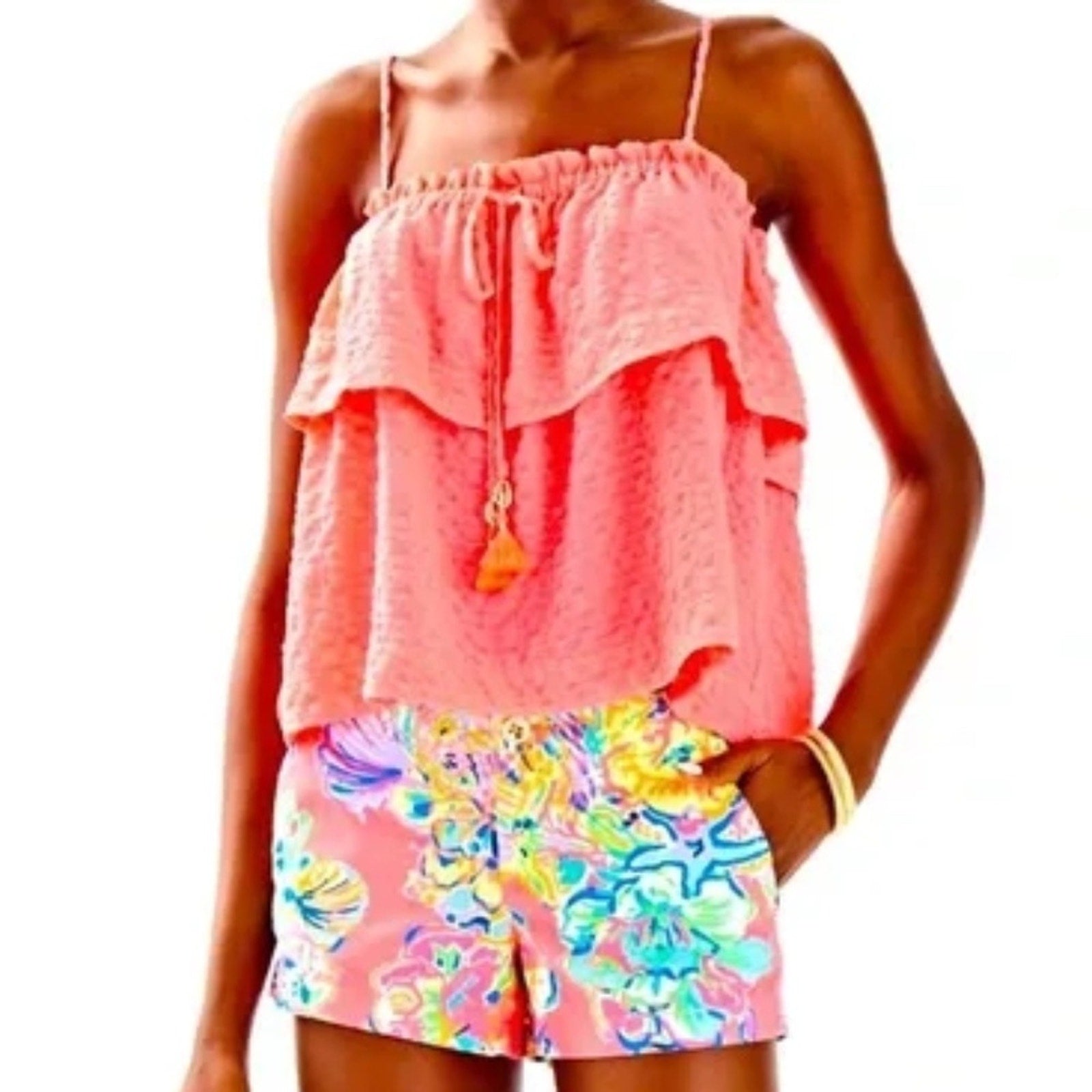 Lilly Pulitzer mays hot pink tank top ruffle preppy beach tassel - size Small