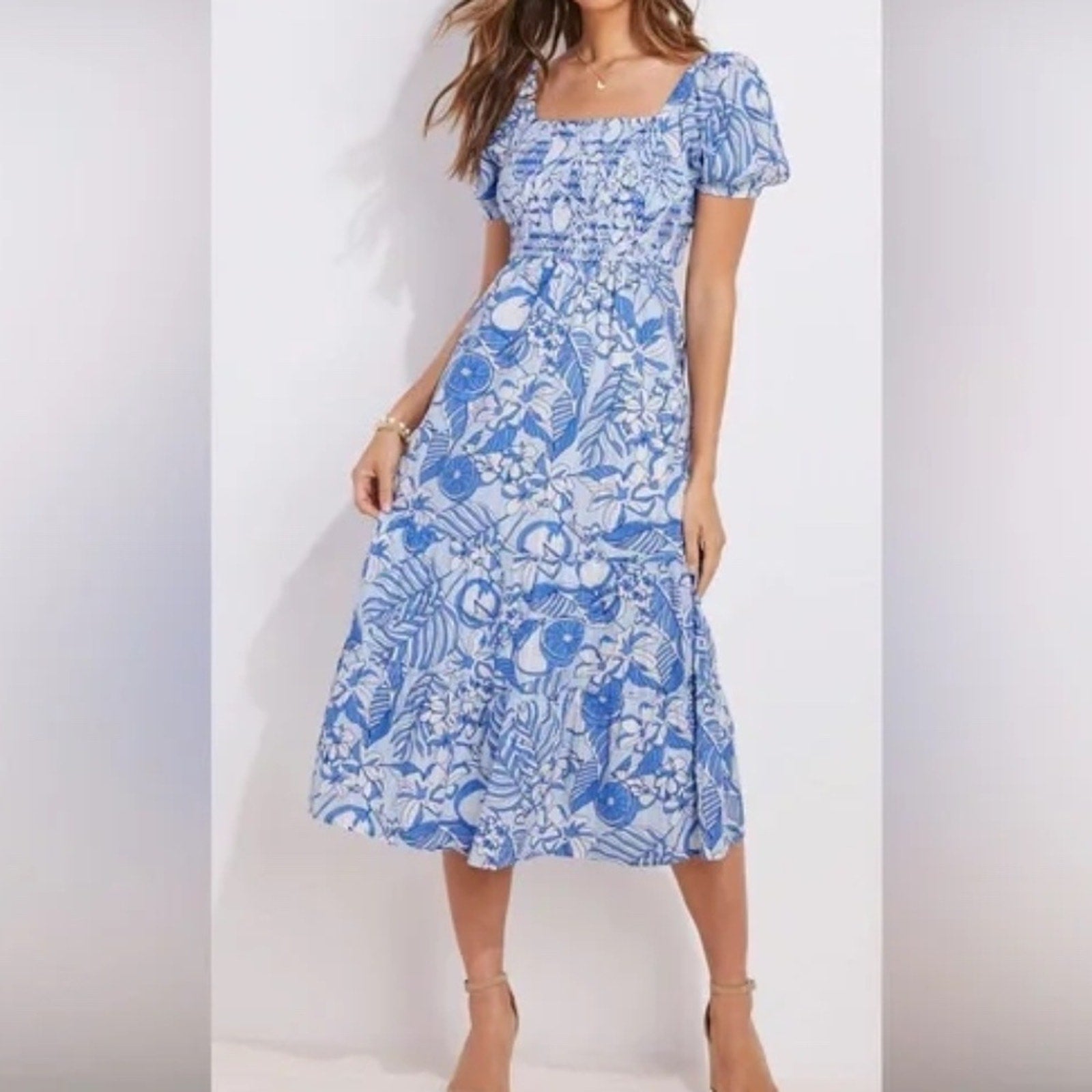 Vineyard Vines Blue White Smocked Puff Sleeve Midi Dress Open Back Size XS