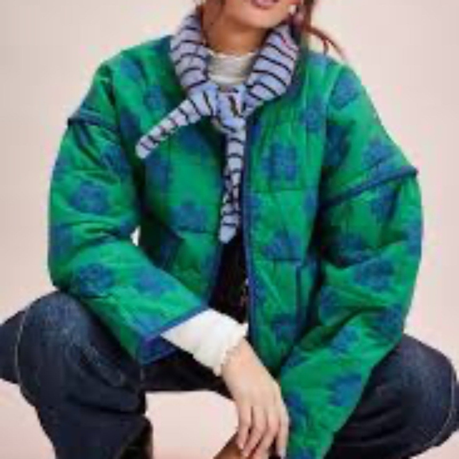 NEW Free People Women's Green Chloe Floral-Print Quilted Cotton Jacket - size XS