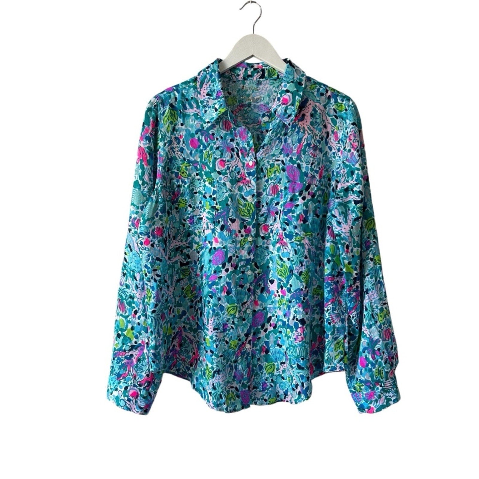 Lilly Pulitzer Sea View Linen Button Down Top Blue Multi Dive Bar - Large 🌟