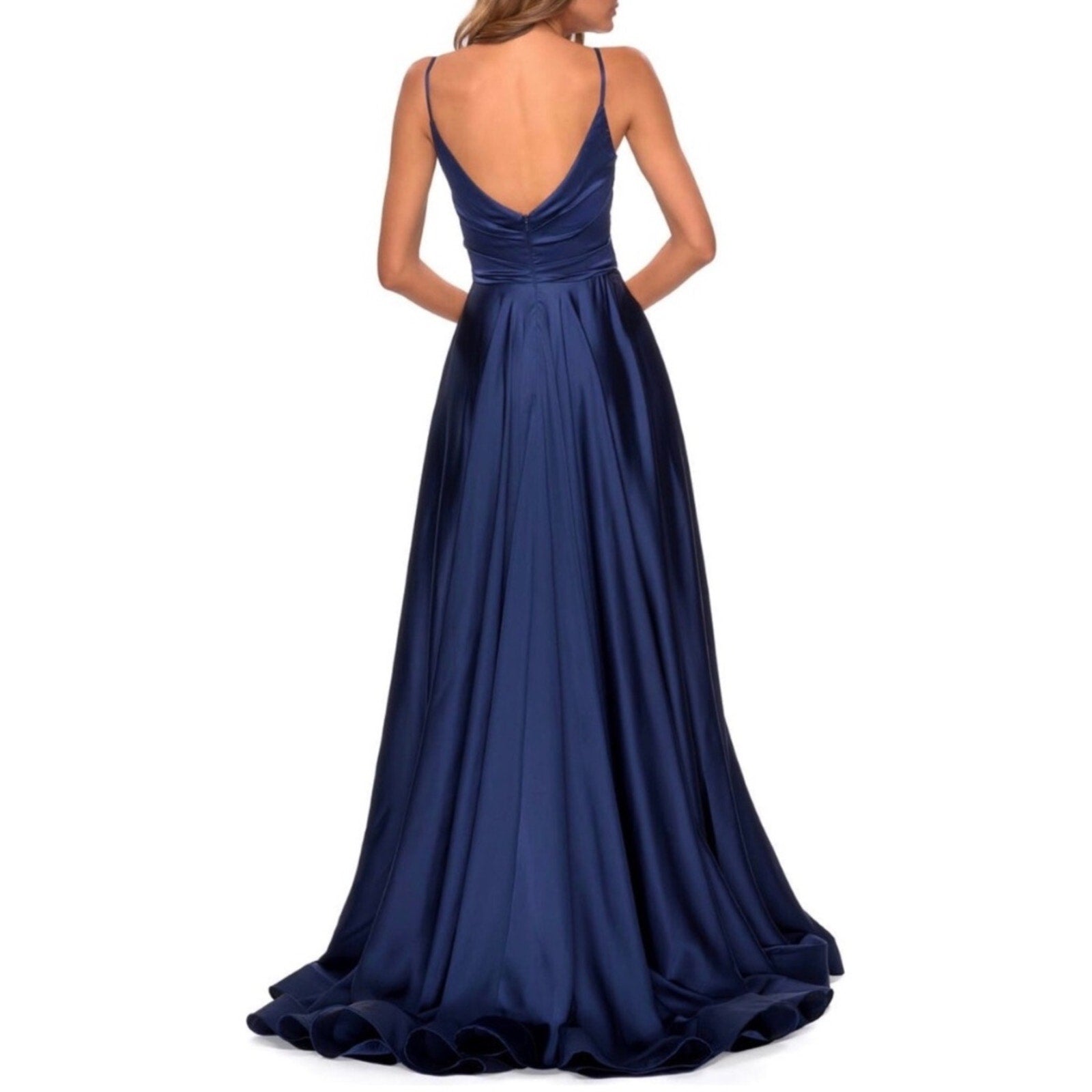 La Femme Long Satin Dress with Side Slit and V Shaped Back in Navy - 12