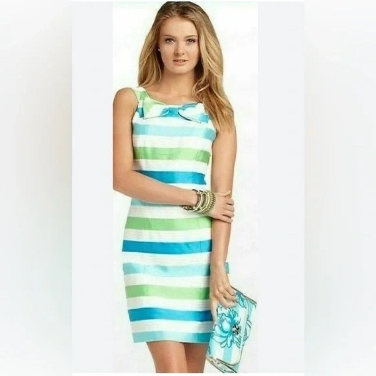 Lilly Pulitzer Henley Silk Blend Blue & Green Bow Striped Sheath Dress - size 4