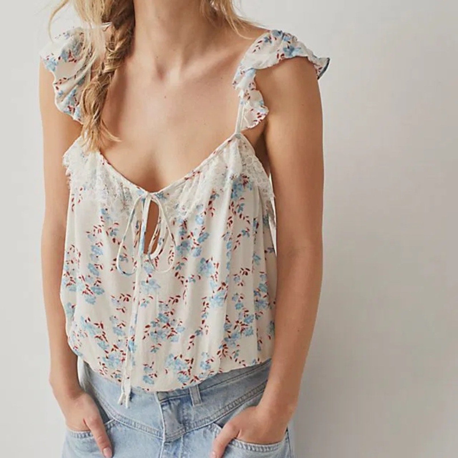NWT Free People Take It Away Sleeveless Bodysuit Cream Blue Floral Womens Size L