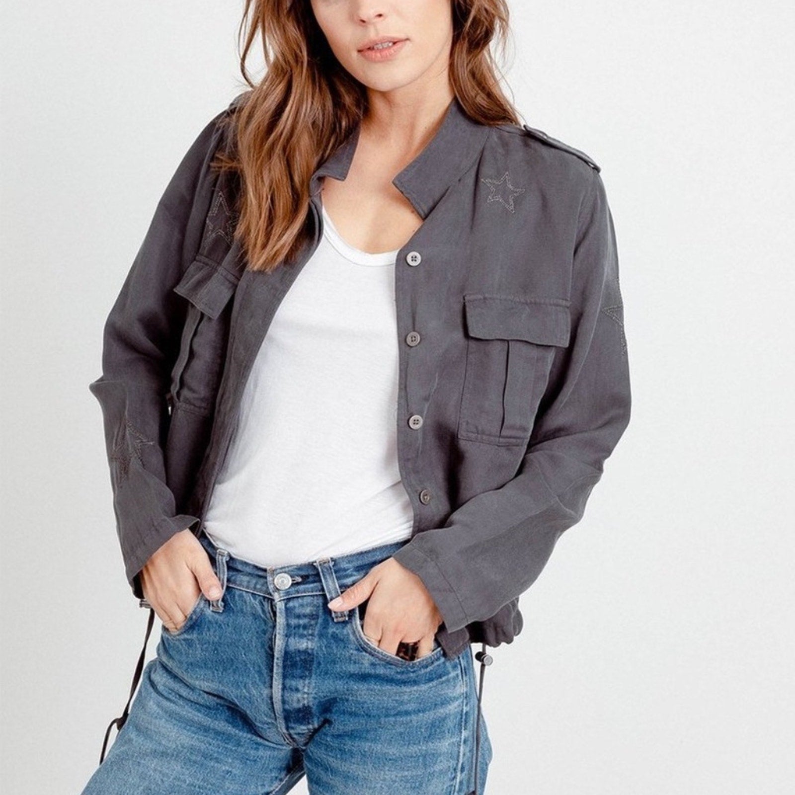 Rails Rowen Linen Blend Star Embroidery Jacket in Dark Gray - size M