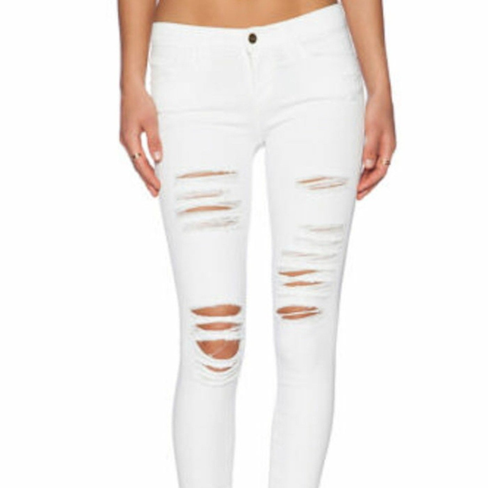 FRAME Denim Blanc Le Skinny De Jeanne Mid Rise Distressed White Jean - size 27
