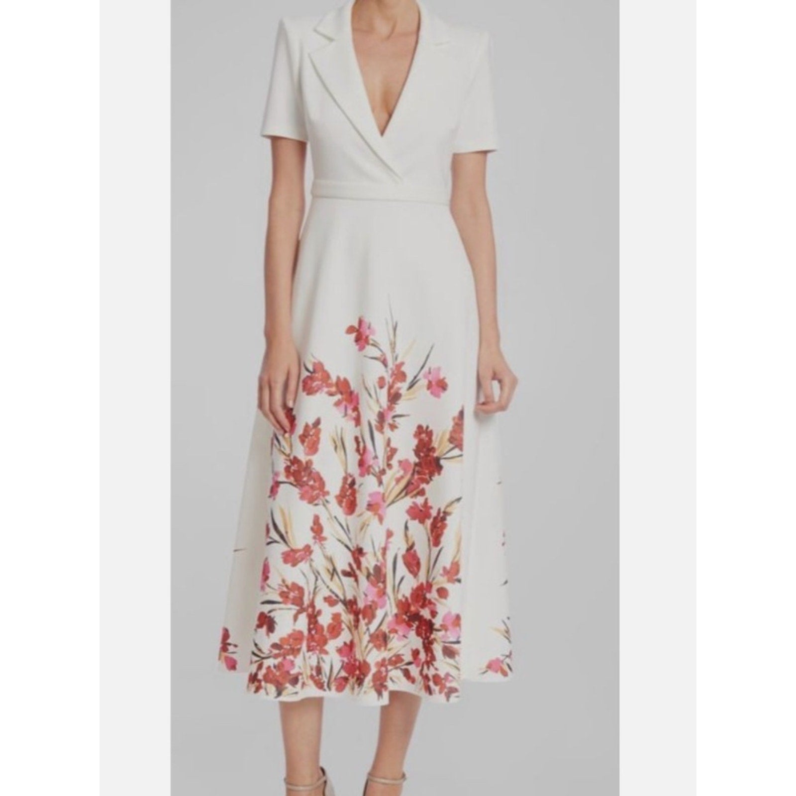 Badgley Mischka Women White Floral-Print Short-Sleeve Midi - 4 🌟