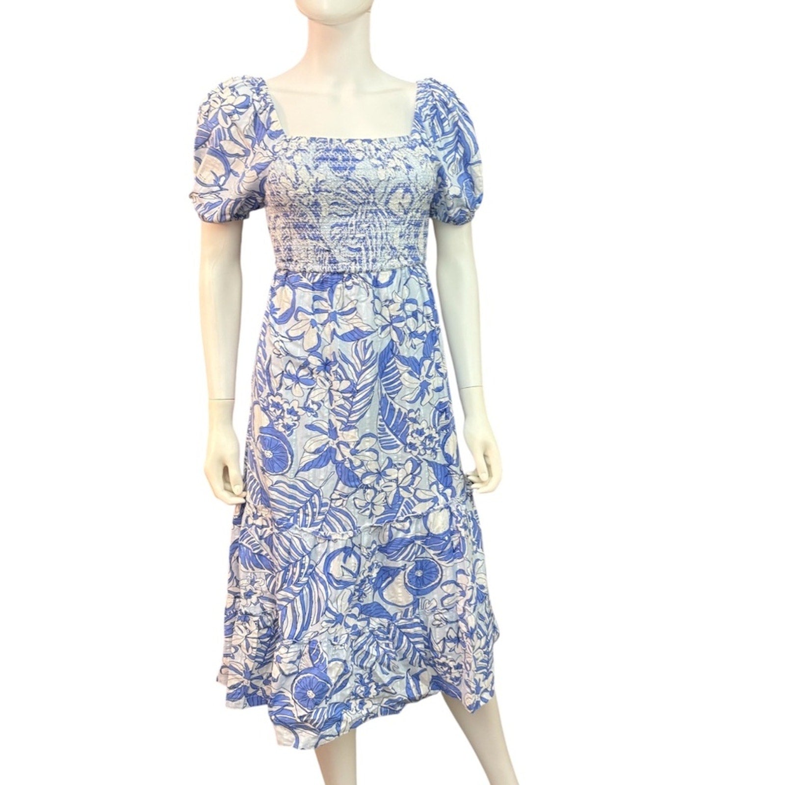 Vineyard Vines Blue White Smocked Puff Sleeve Midi Dress Open Back Size XS