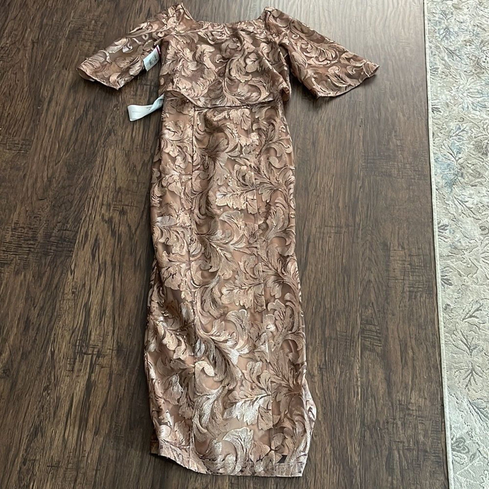 NWT JS Collections Evalina Column Gown Boat Neck in Mink / Champagne - size 4