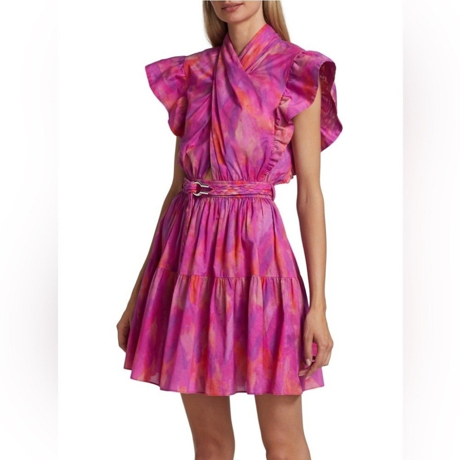 NWT Derek Lam 10 Crosby Finn Ruffle Wrap Dress, Fuchsia Multi - size 2