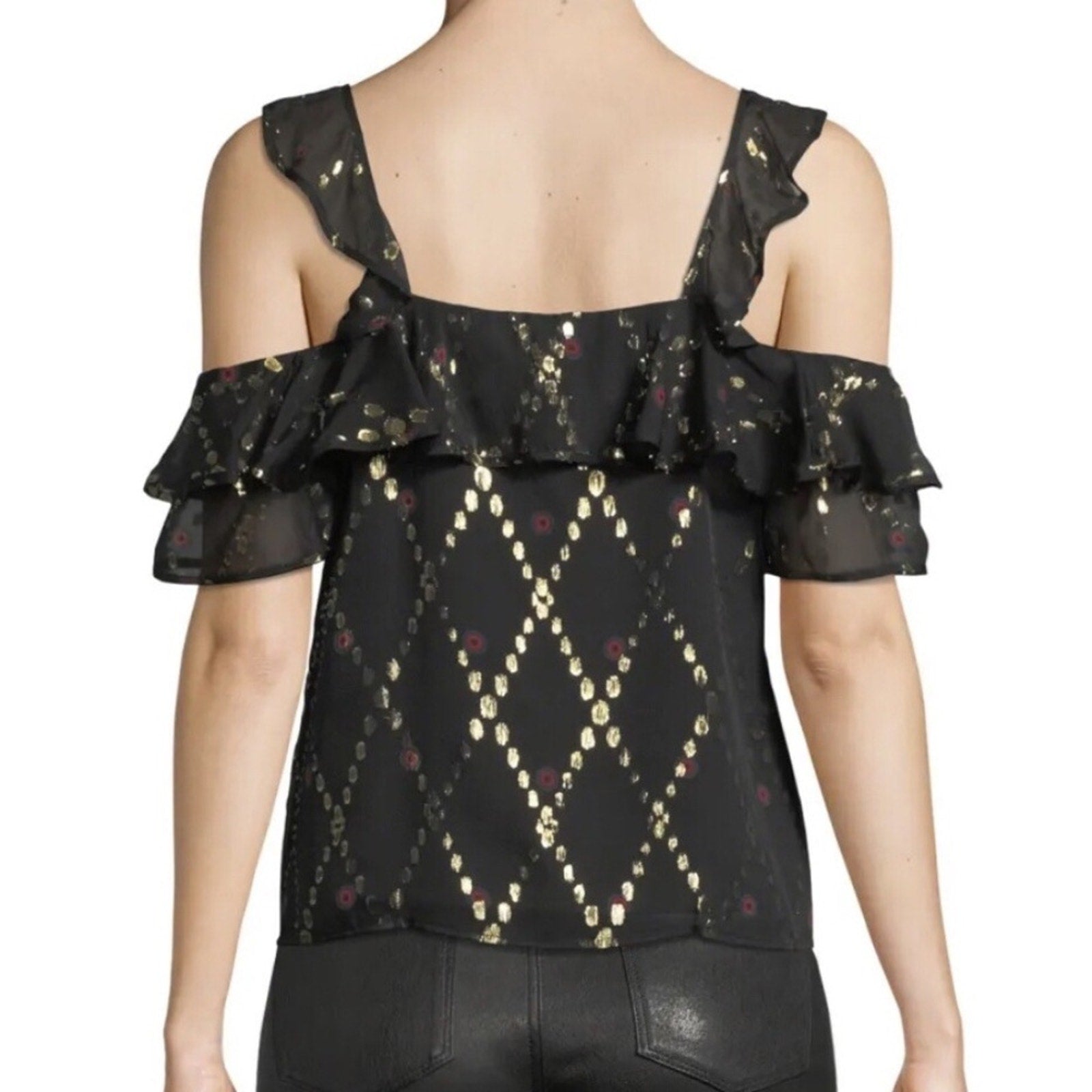 A.L.C Willow Silk Metallic Ruffle Cold Shoulder Blouse Size 6