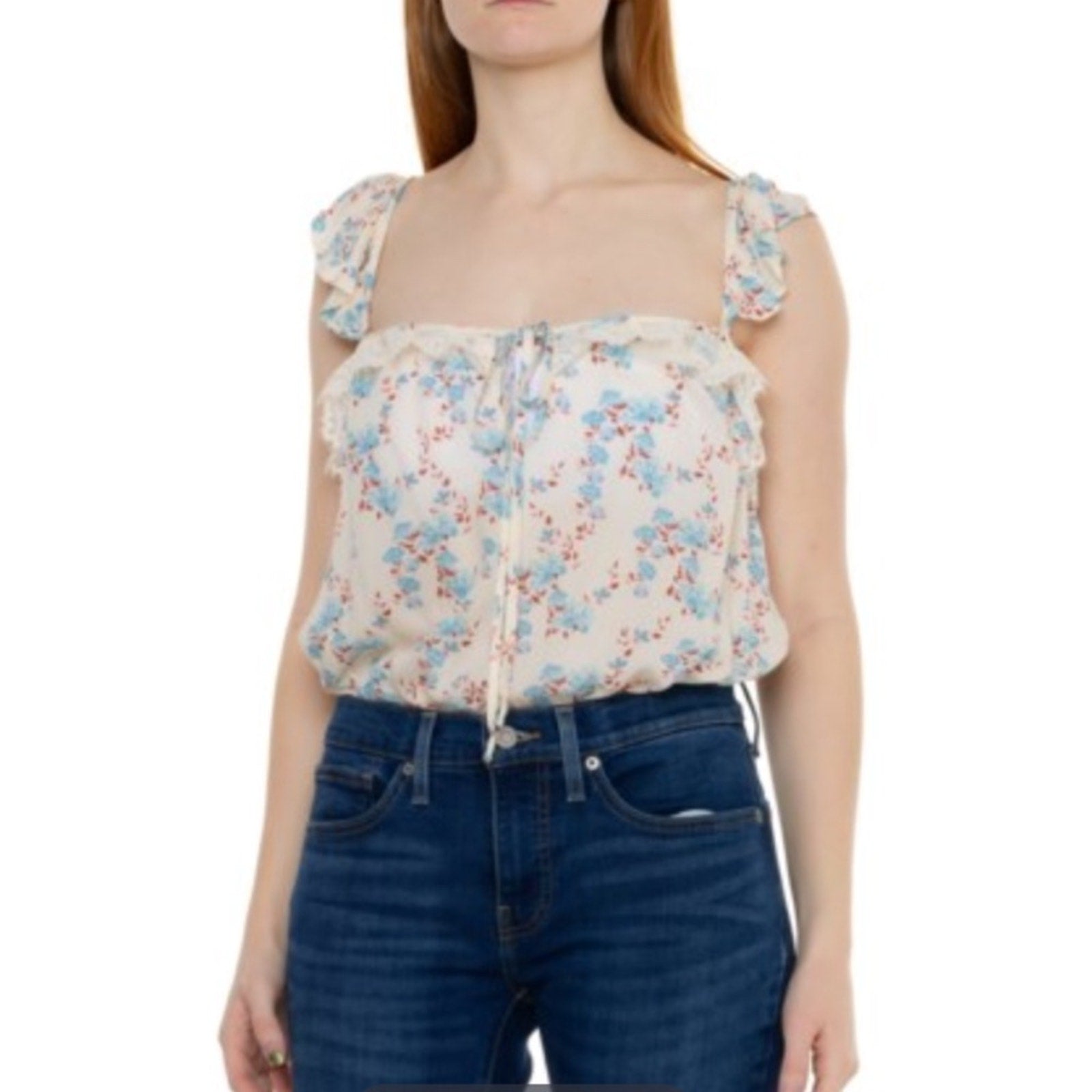 NWT Free People Take It Away Sleeveless Bodysuit Cream Blue Floral Womens Size L