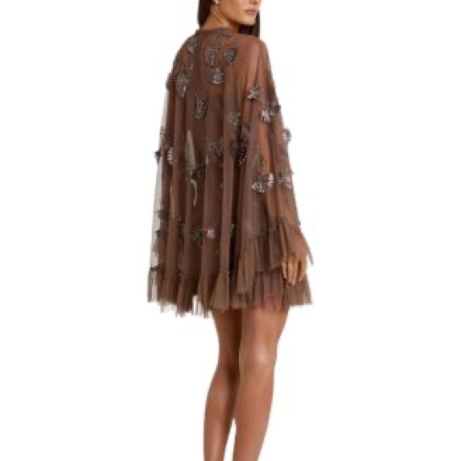 NWT MAC DUGGAL Brown Embellished Long Sleeve Trapeze Dress with Ruffle Hem - 8