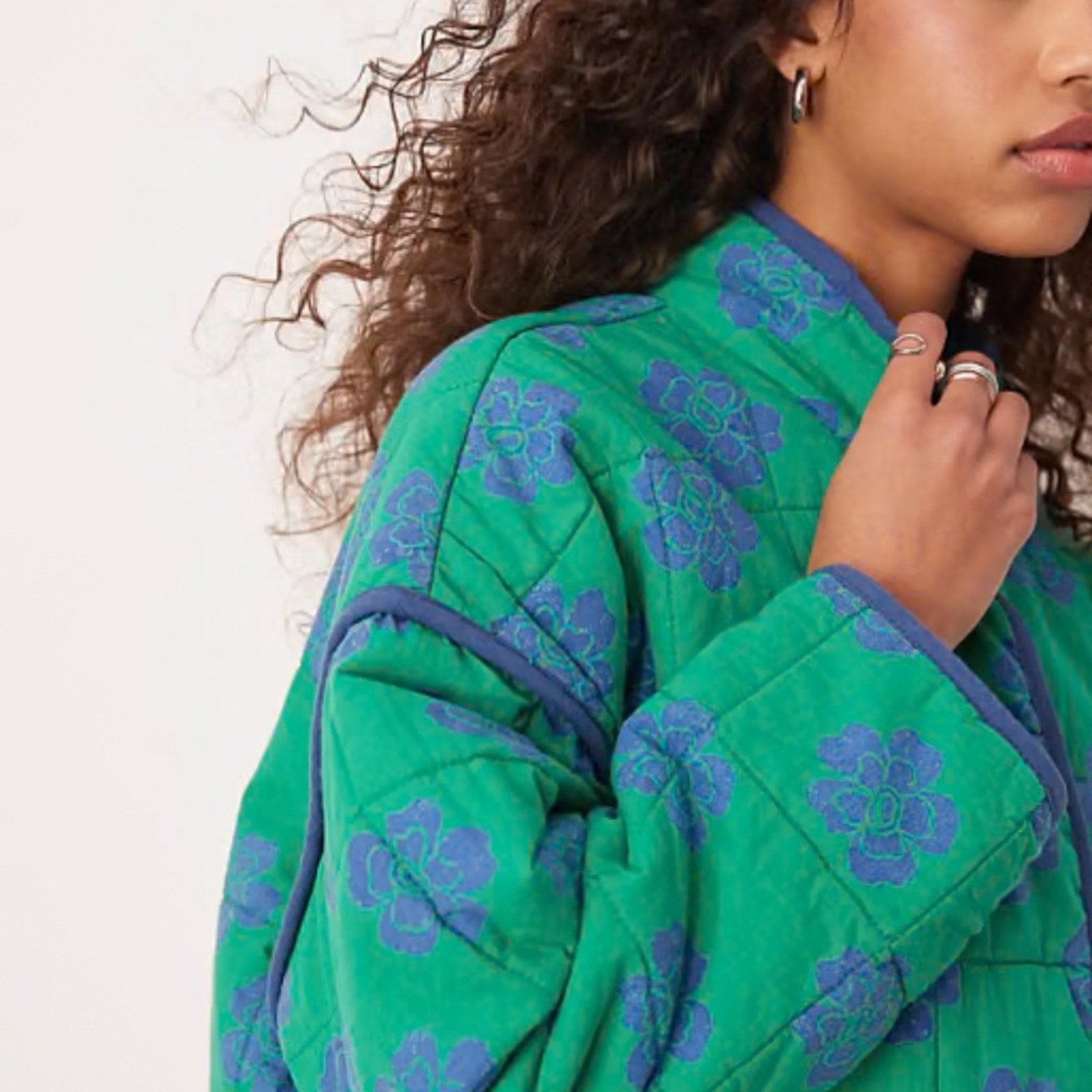 NEW Free People Women's Green Chloe Floral-Print Quilted Cotton Jacket - size XS