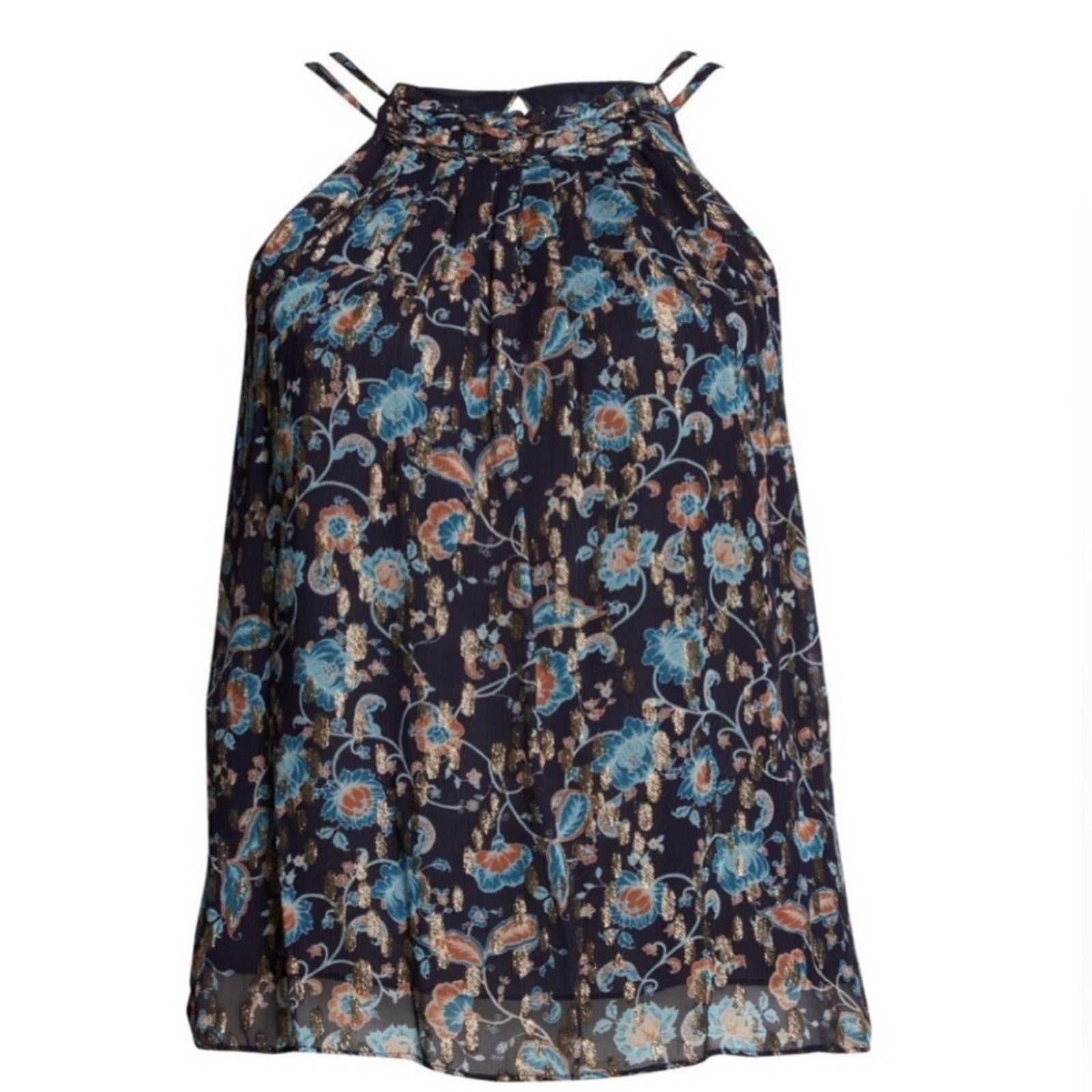 Ramy Brook $295 Kira Metallic Floral Halter Neck Top - size M