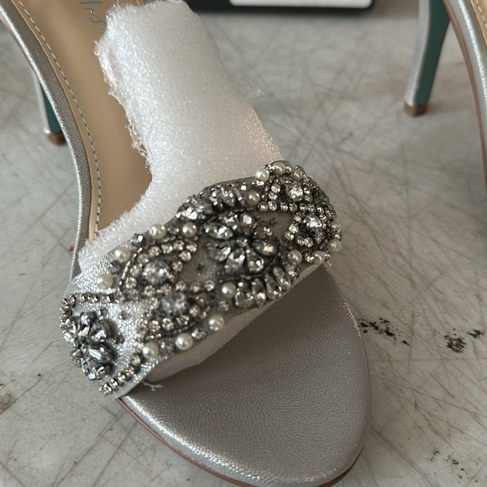 NEW Betsey Johnson Gina Jeweled Ankle Strap Dress Sandals Silver Satin Stiletto - 7.5
