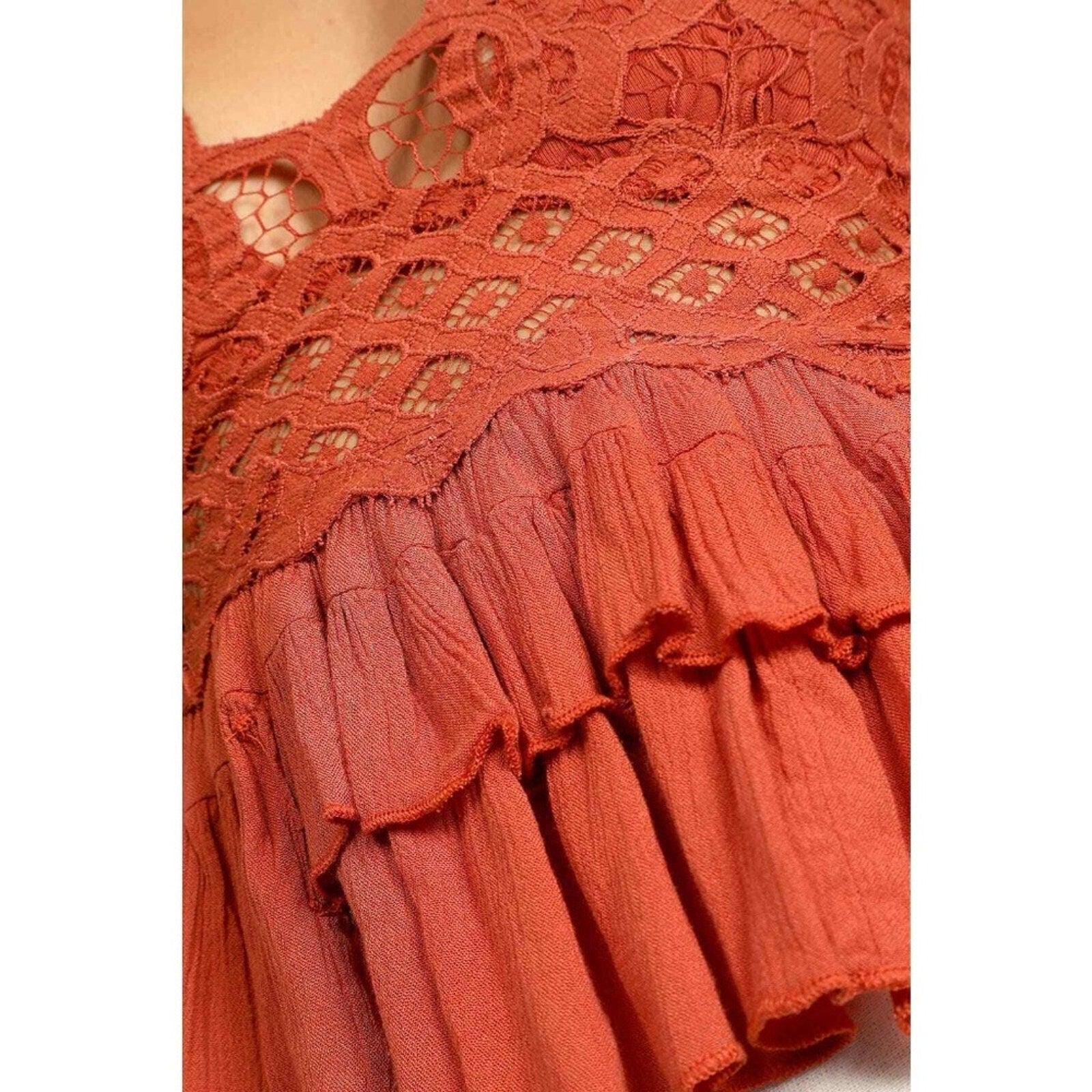 NWT Free People Women's Adella Cami Rust Orange Lace Ruffled Tank Top Size Large